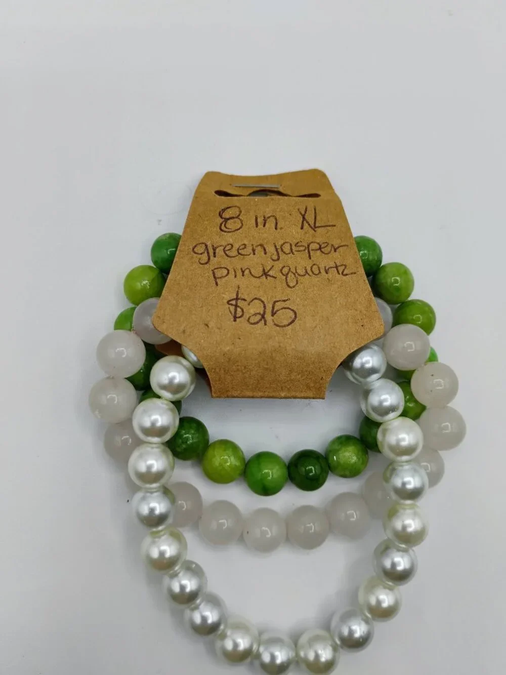 3 piece beaded bracelet set - Green jasper, pink quartz, pearl - size 8 in XL